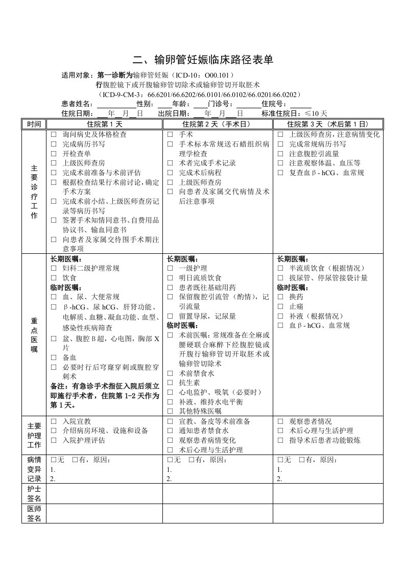 宫外孕临床路径表单