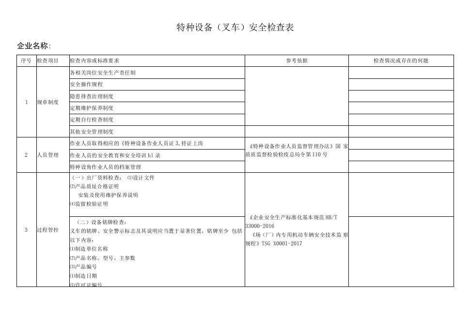 特种设备（叉车）安全检查表