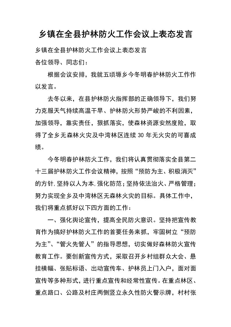 乡镇在全县护林防火工作会议上表态发言