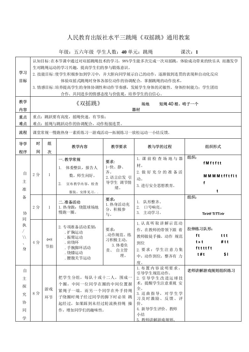 【精编教案】人教版体育与健康小学五六年级教学设计《跳绳--双摇跳》