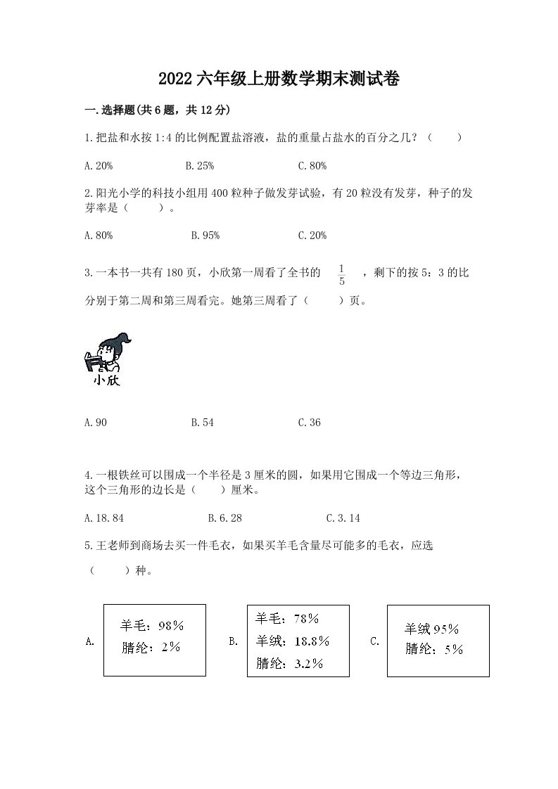 2022六年级上册数学期末测试卷（各地真题）