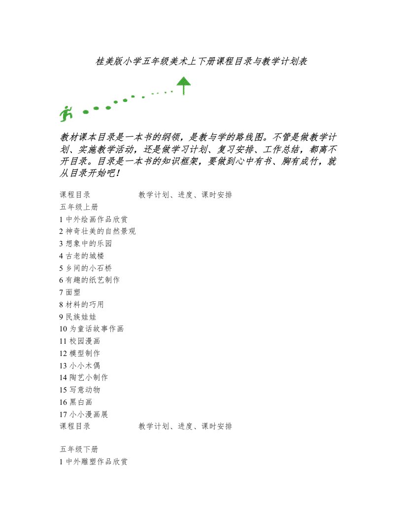 桂美版小学五年级美术上下册课程目录与教学计划表