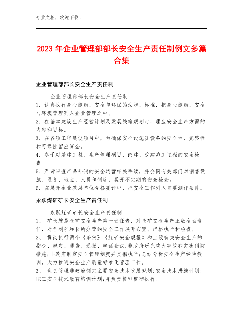 2023年企业管理部部长安全生产责任制例文多篇合集