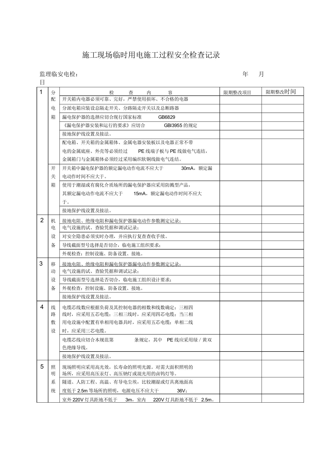 施工现场临时用电安全检查记录范文