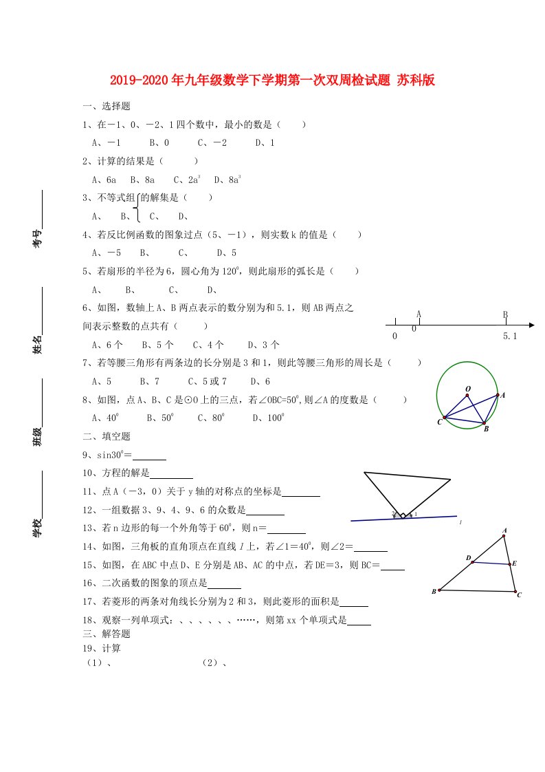 2019-2020年九年级数学下学期第一次双周检试题