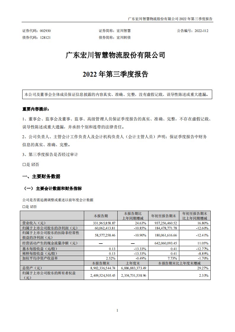 深交所-宏川智慧：2022年三季度报告-20221028