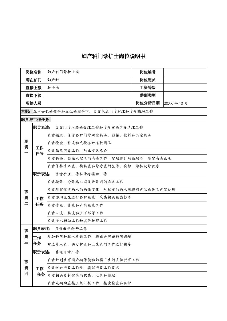 岗位职责-湖北新华医院妇产科门诊护士岗位说明书