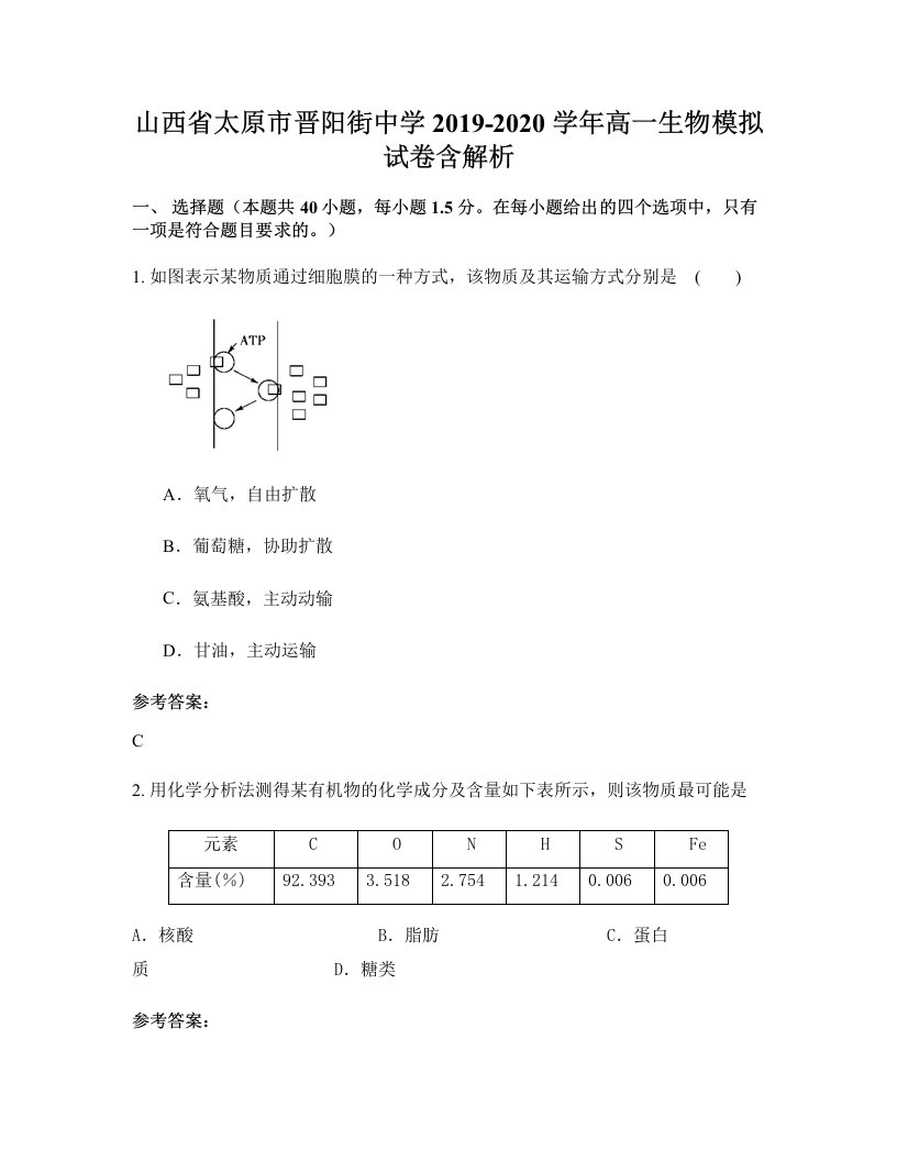 山西省太原市晋阳街中学2019-2020学年高一生物模拟试卷含解析