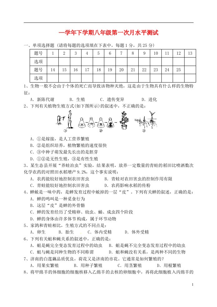 河南省南街中学八级生物下学期第一次月考试题