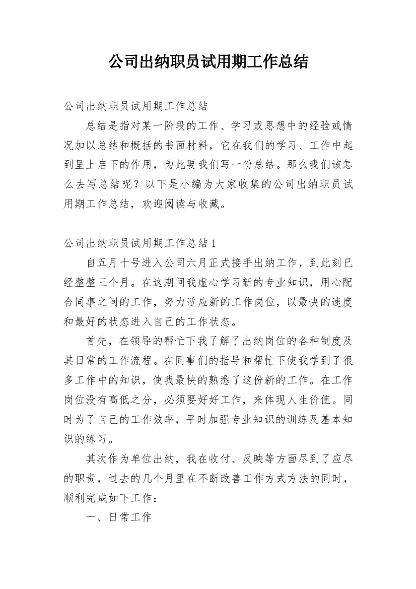 公司出纳职员试用期工作总结_1