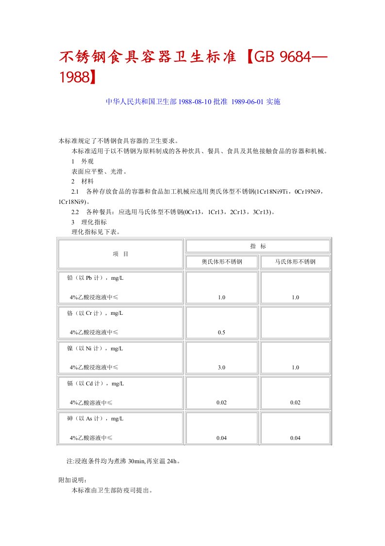 不锈钢食具容器卫生标准