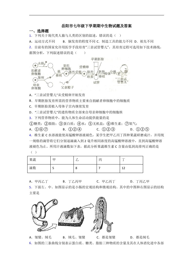 岳阳市七年级下学期期中生物试题及答案