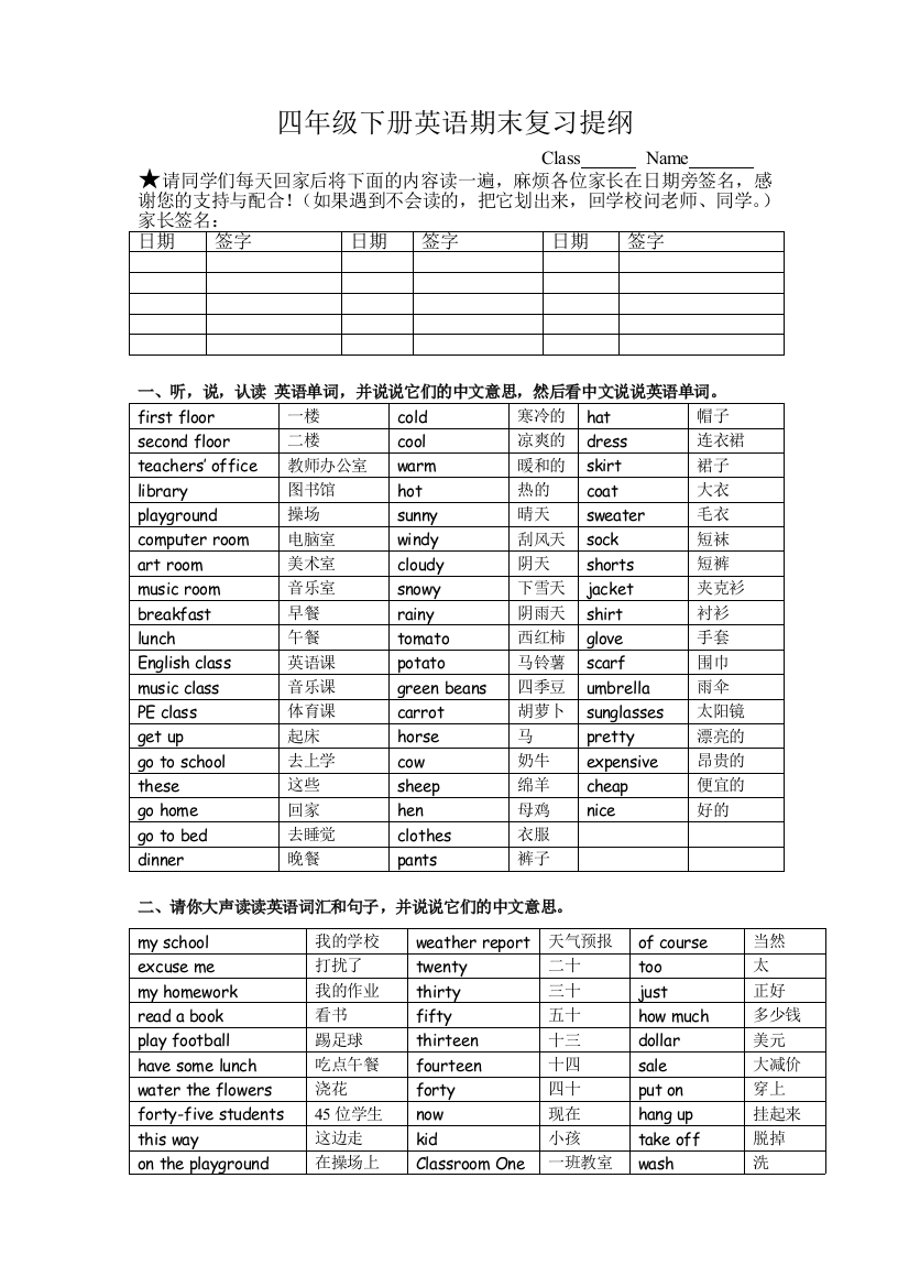 四年级下册英语期末复习提纲