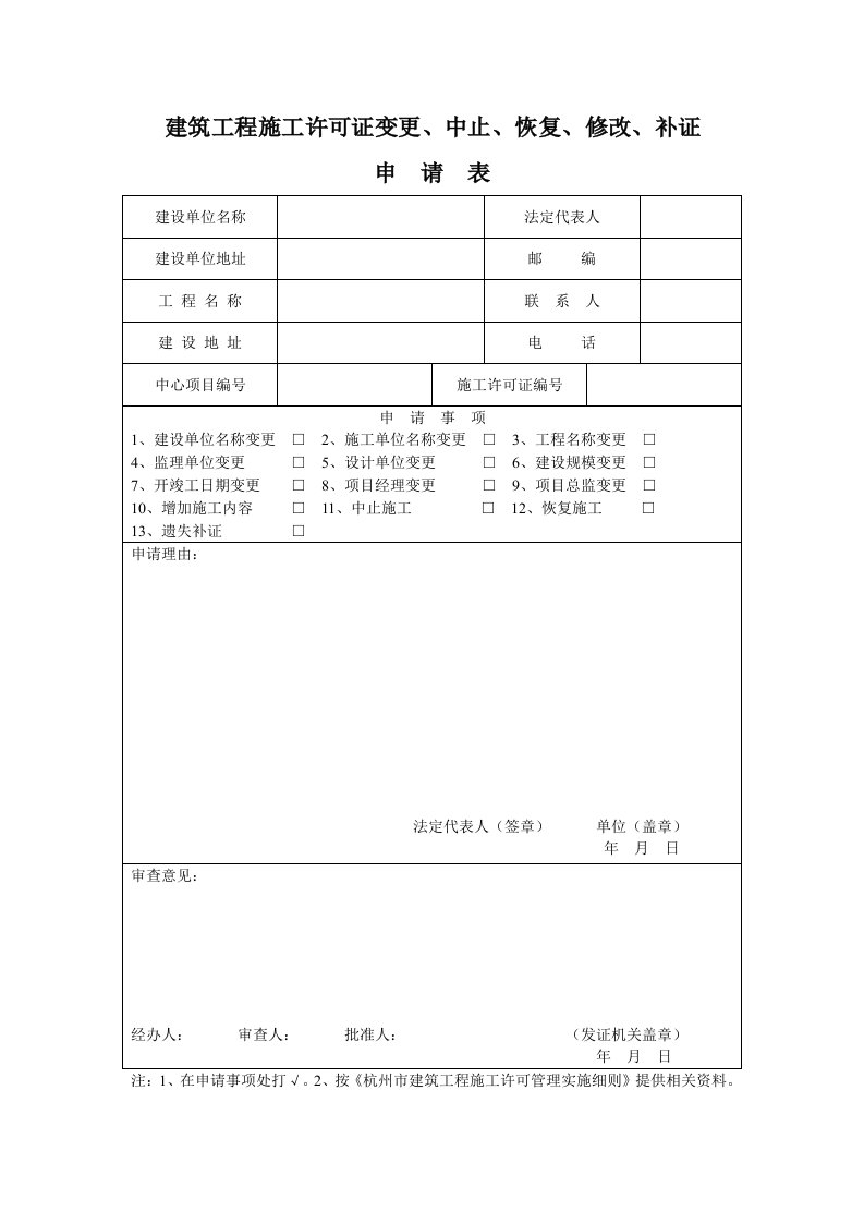 建筑工程施工许可证变更、中止、恢复、修改、补证