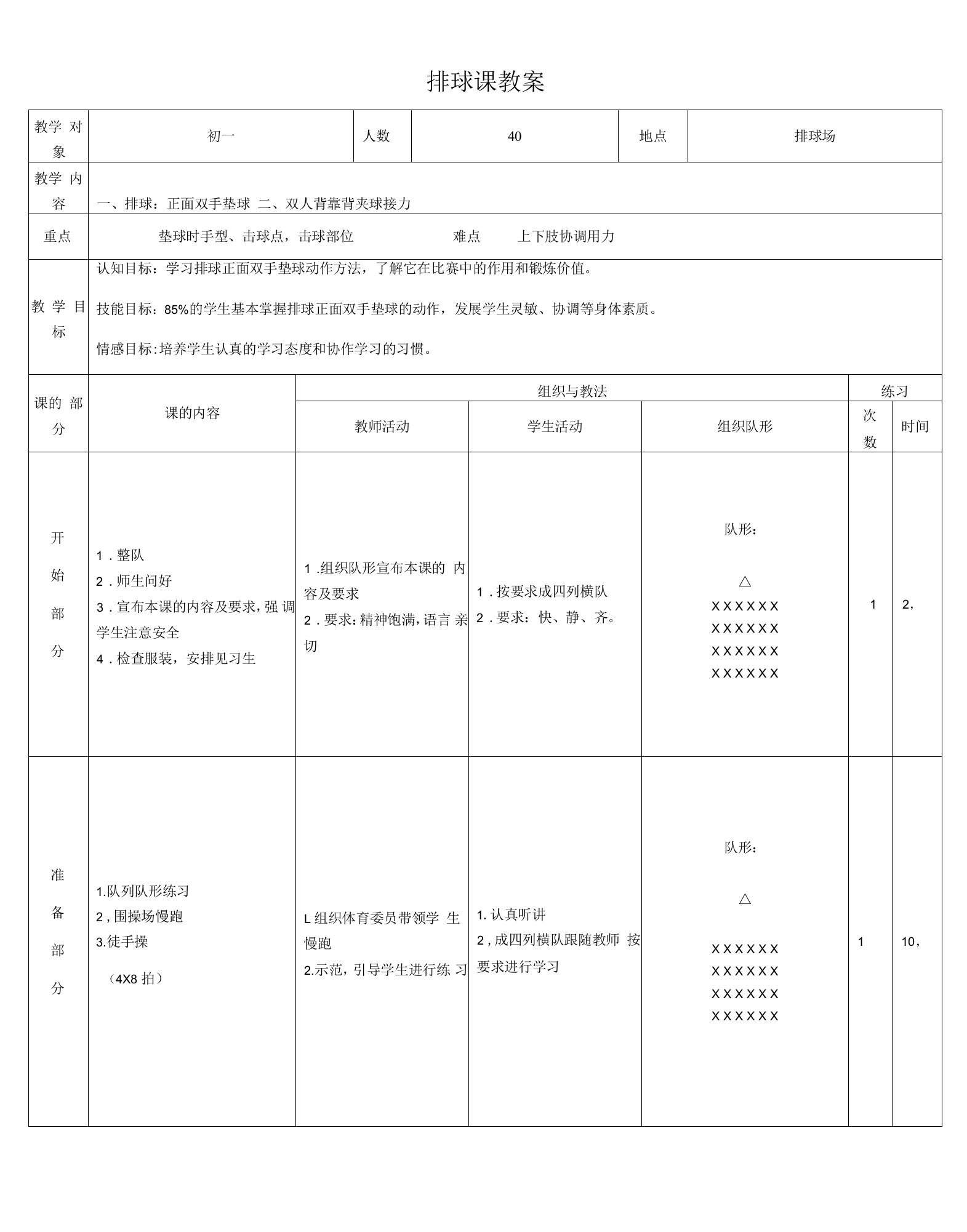 初中体育：排球垫球教案