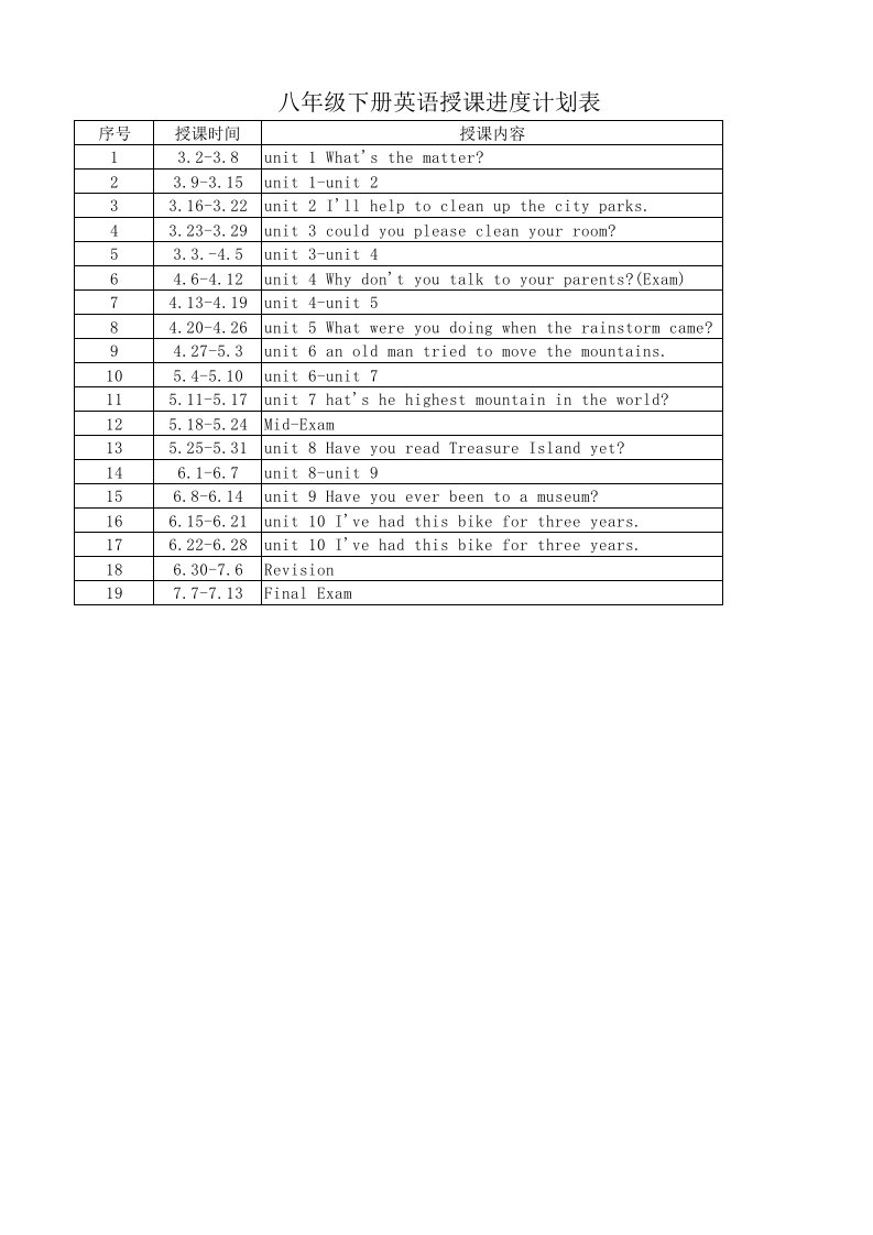 八年级下册英语授课进度表