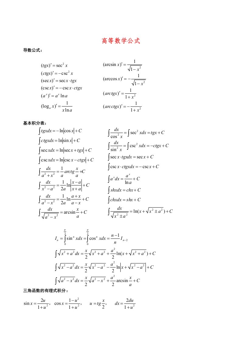 高等数学公式汇集