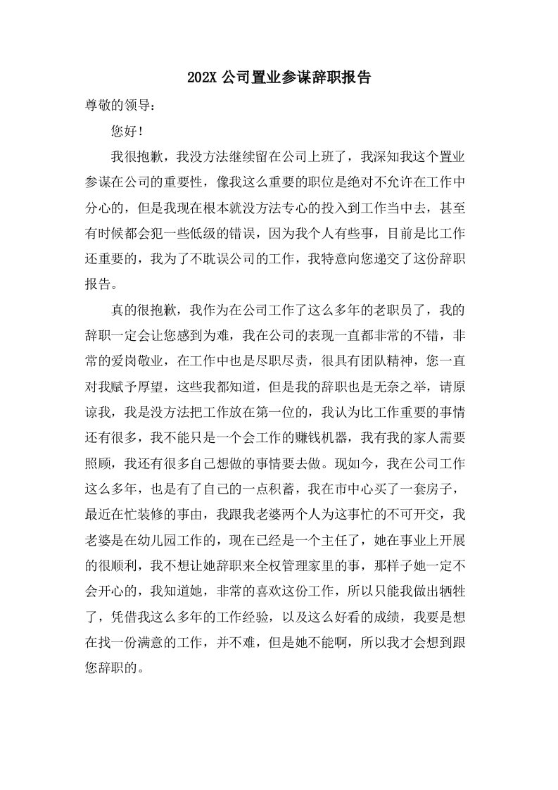 公司置业顾问辞职报告