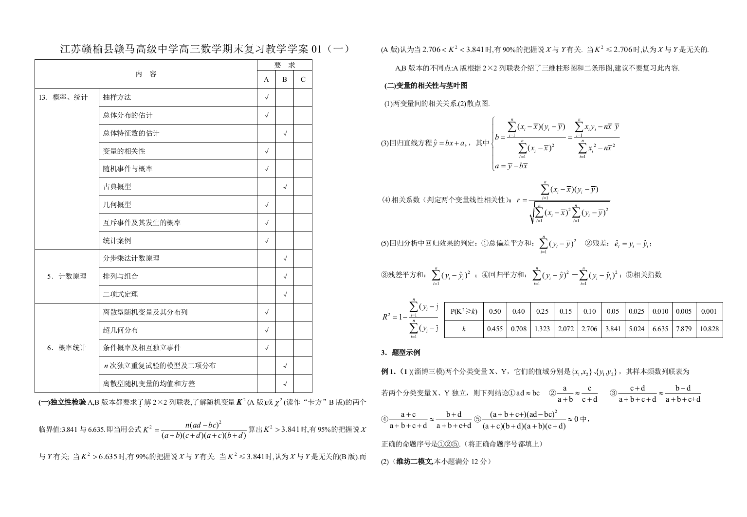 江苏赣榆县赣马高级中学高三数学期末复习教学案统计与概率01