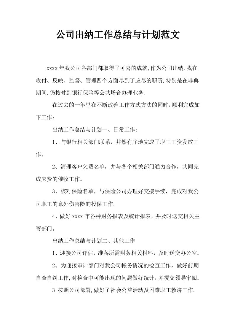 公司出纳工作总结与计划范文