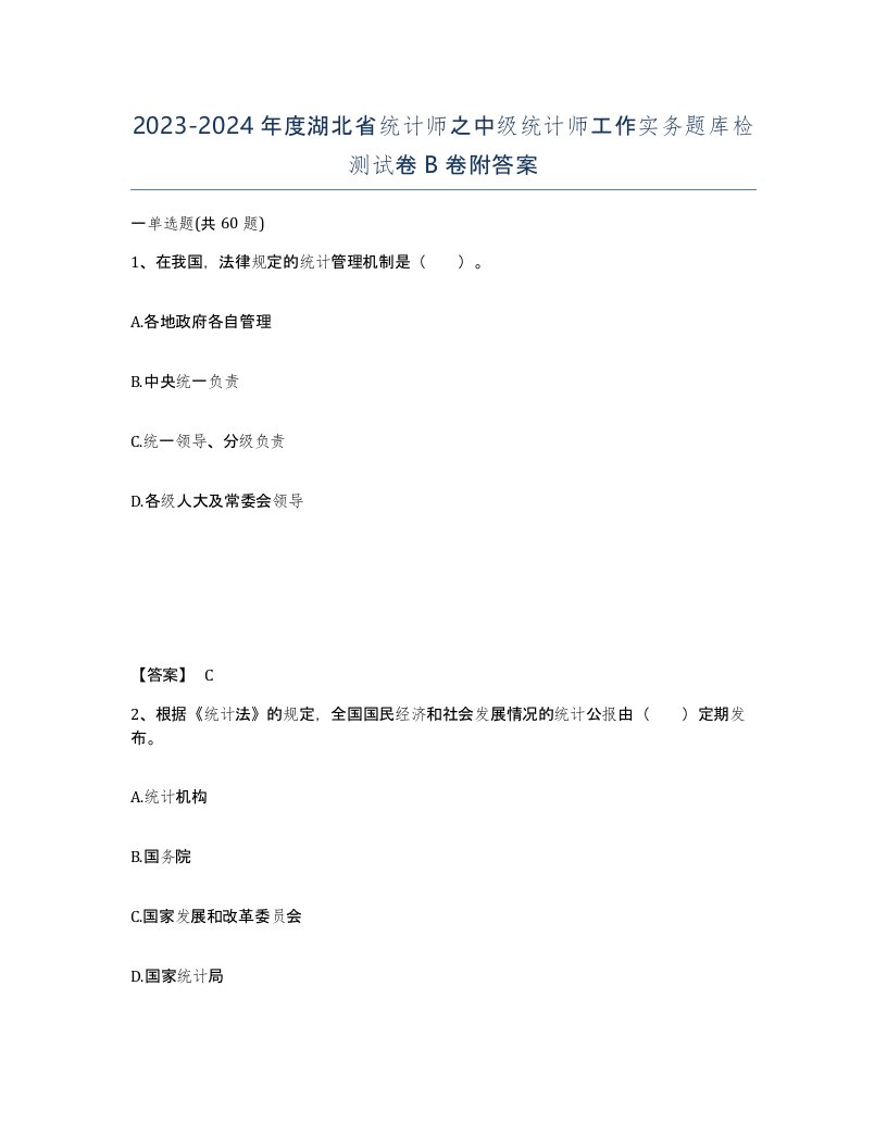 2023-2024年度湖北省统计师之中级统计师工作实务题库检测试卷B卷附答案