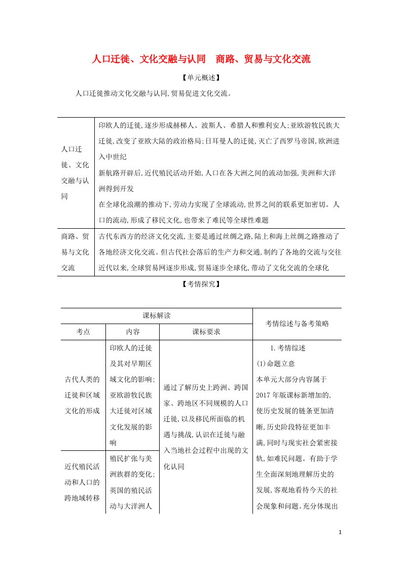 山东专用2022版高考历史一轮复习第十九单元人口迁徙文化交融与认同商路贸易与文化交流_基础集训含解析