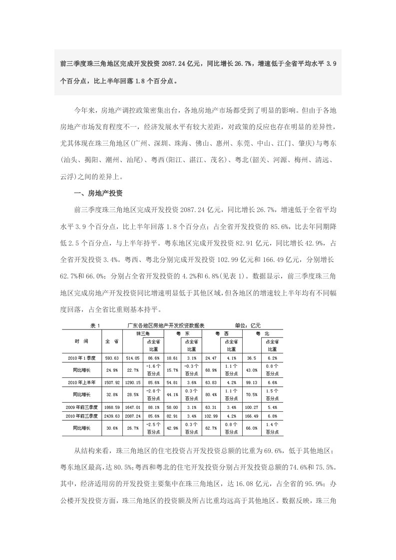 广东省房协年前三季度广东房地产市场分析报告