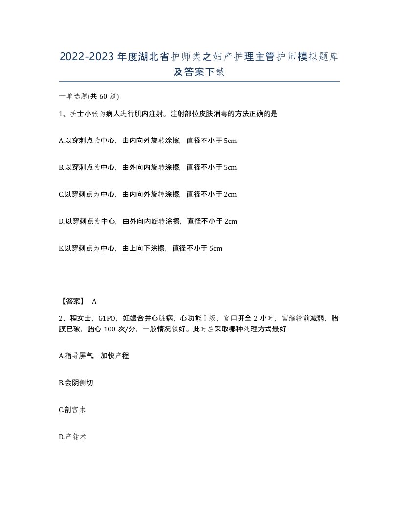 2022-2023年度湖北省护师类之妇产护理主管护师模拟题库及答案