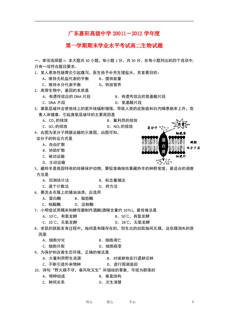 广东惠阳高级中学1112学年高二生物上学期学业水平测试题