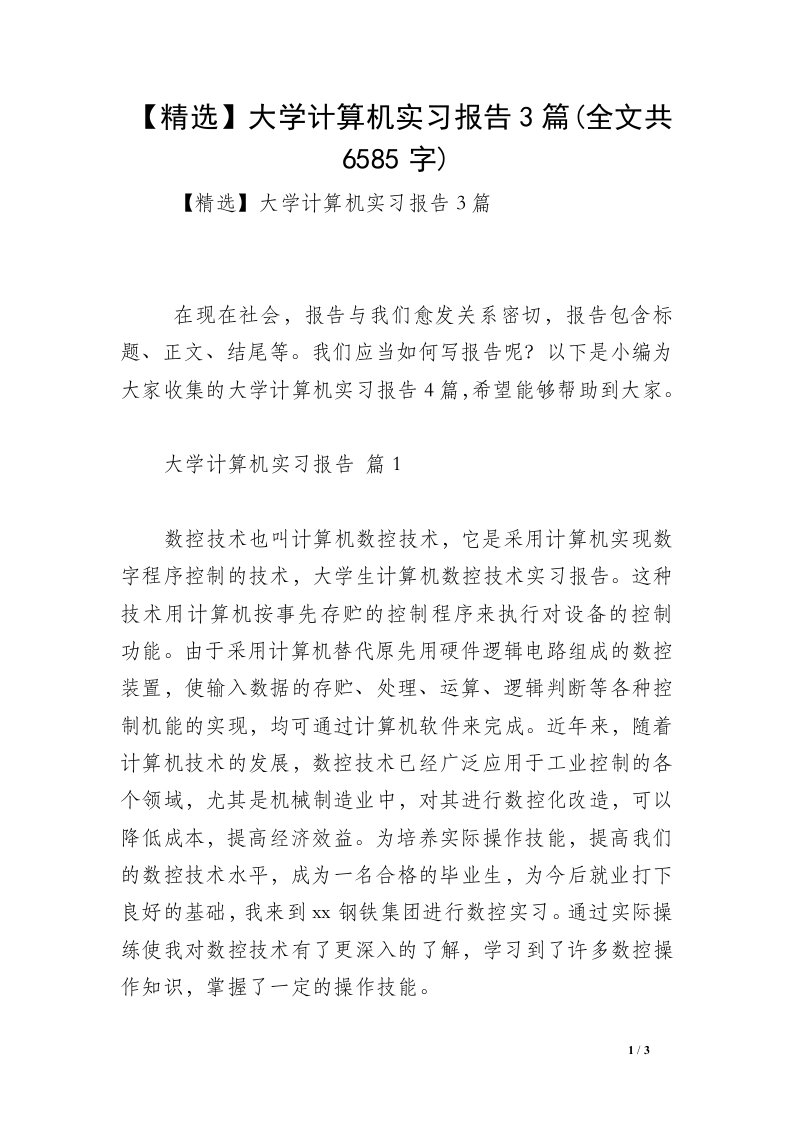 【精选】大学计算机实习报告3篇(全文共6585字)