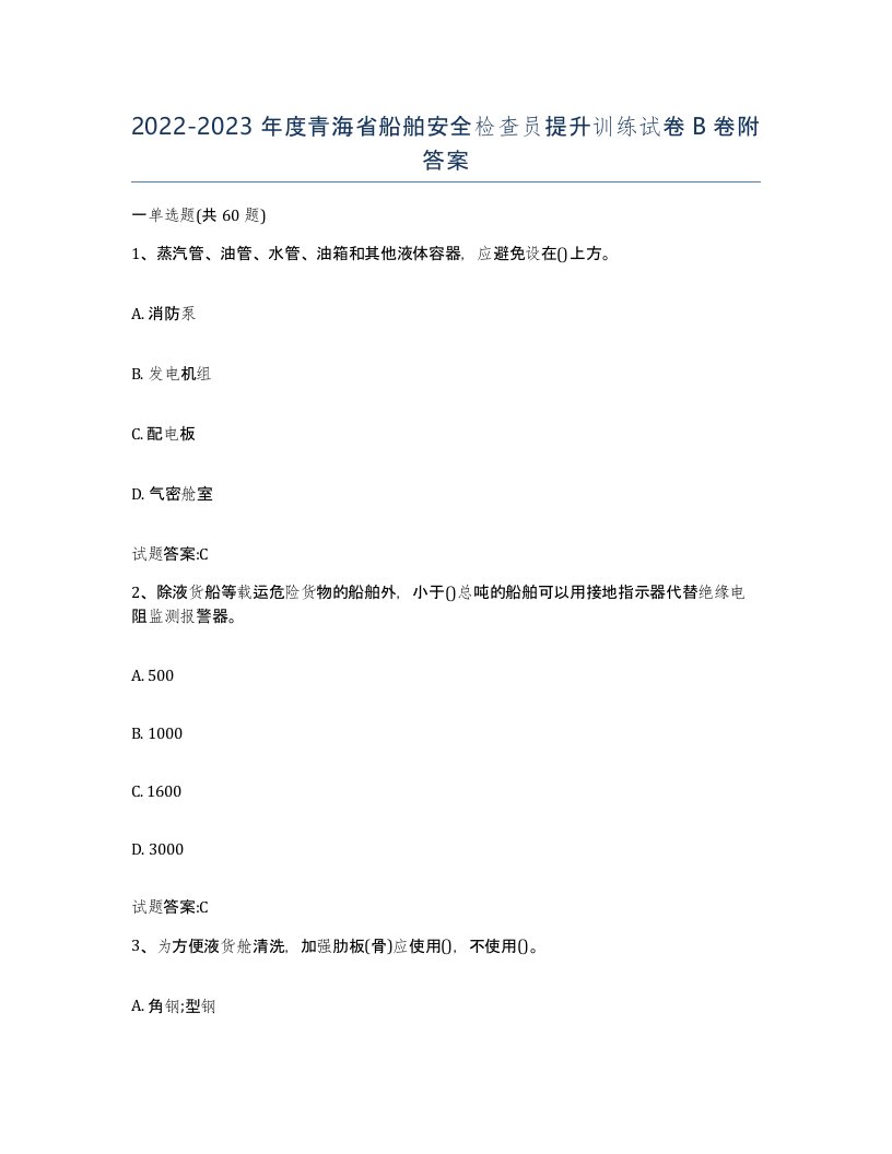 2022-2023年度青海省船舶安全检查员提升训练试卷B卷附答案