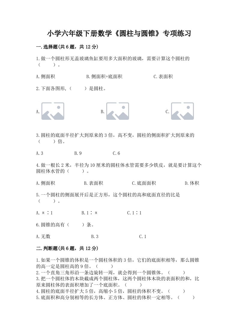 小学六年级下册数学《圆柱与圆锥》专项练习（考试直接用）