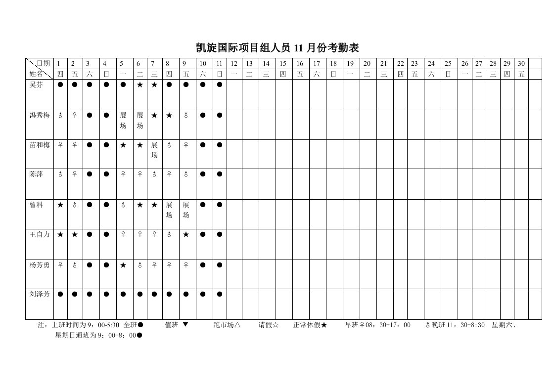 考勤管理-凯旋国际项目组考勤表11月份