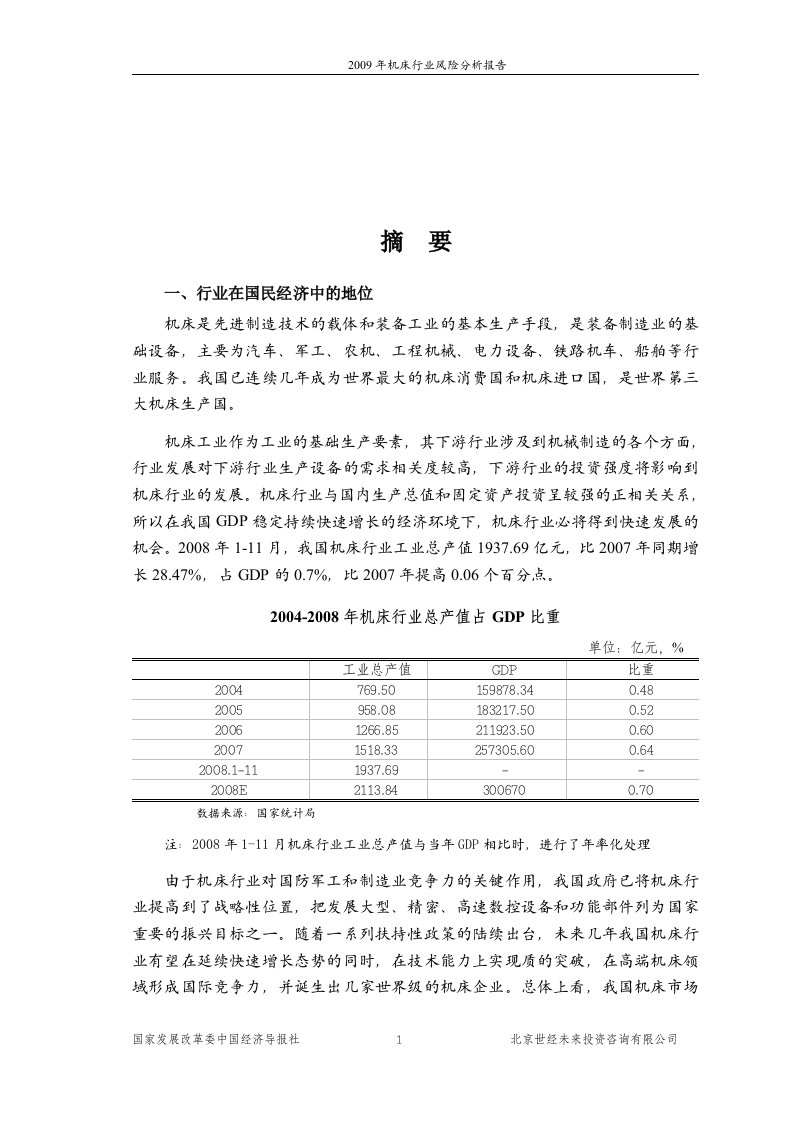 j2009年机床行业风险分析报告