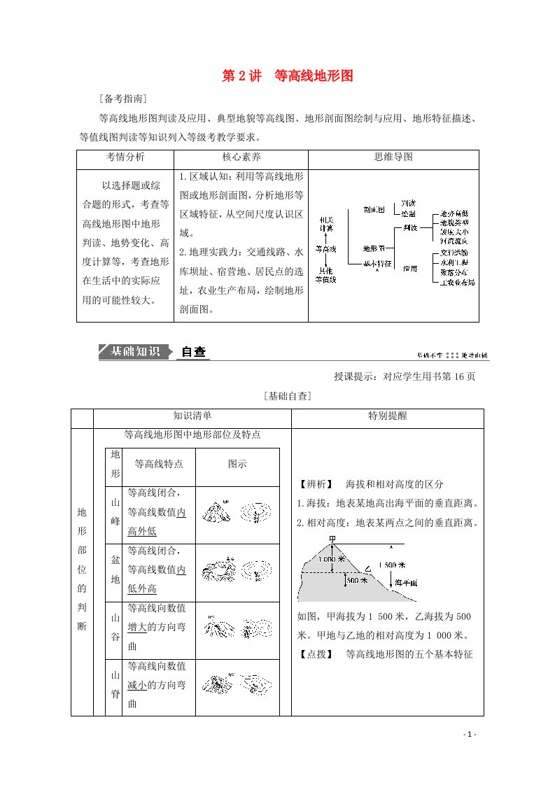 2021届高考地理一轮复习第一章地球与地图第2讲等高线地形图教案新人教版