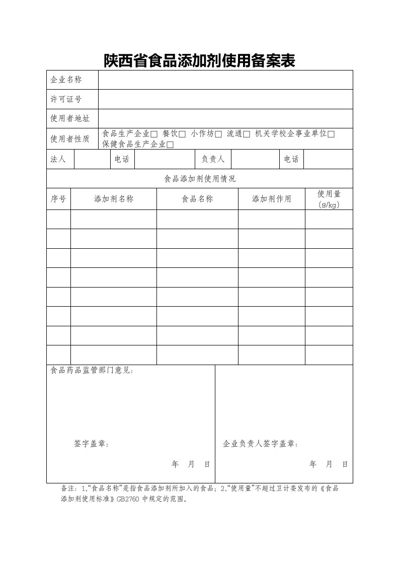 陕西省食品添加剂使用备案表