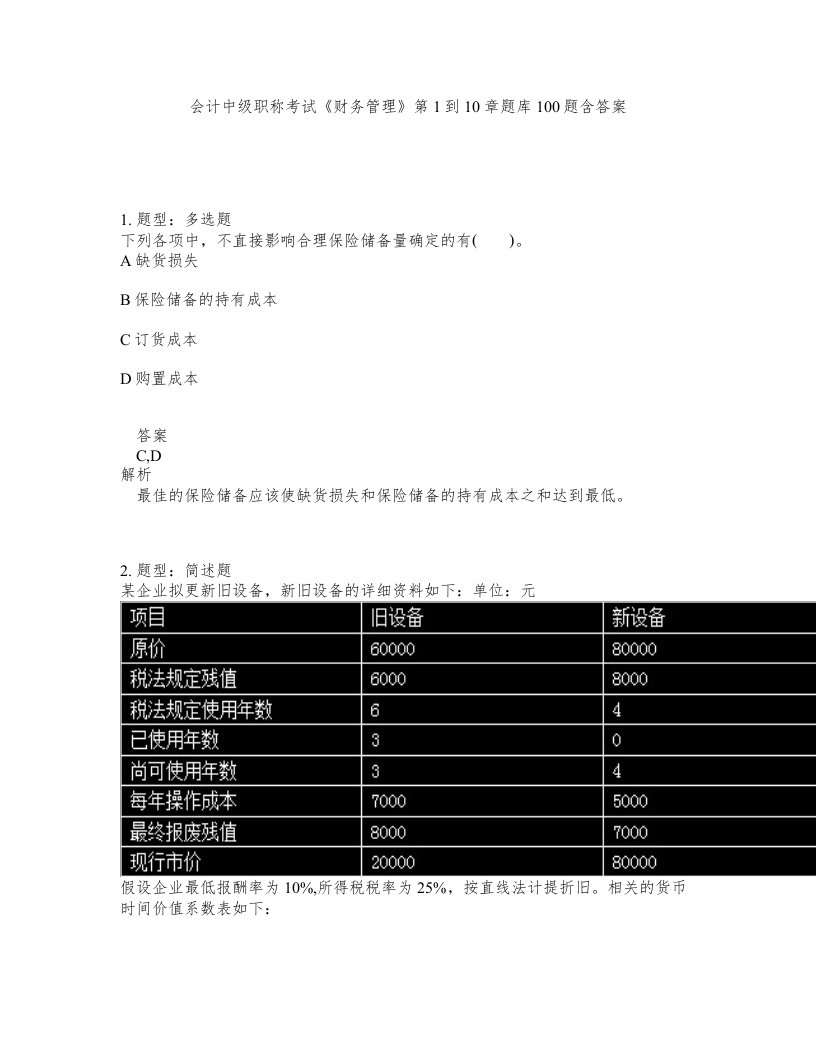 会计中级职称考试财务管理第1到10章题库100题含答案测考136版