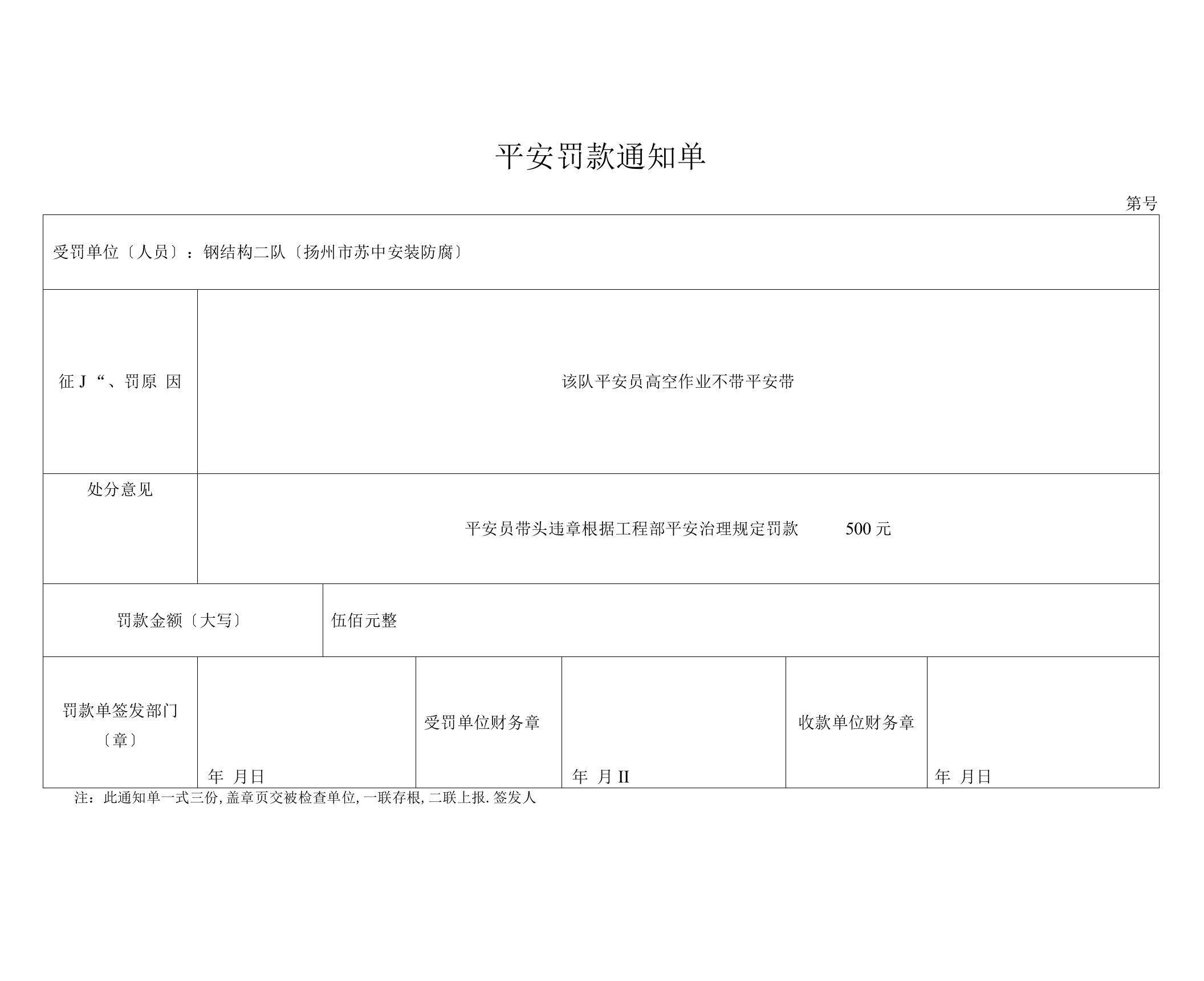 安全罚款通知单