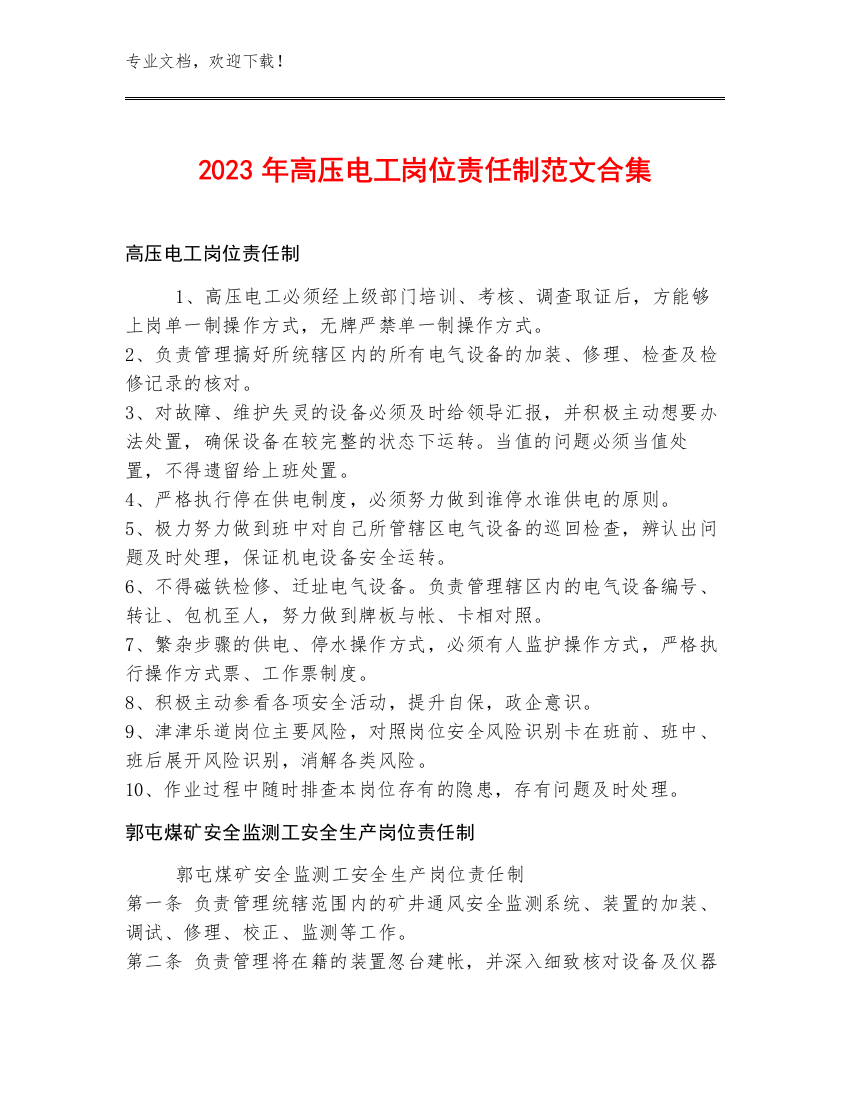 2023年高压电工岗位责任制范文合集