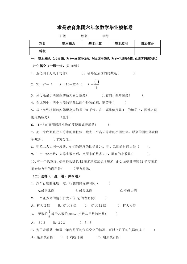 求是教育集团六年级数学毕业模拟卷