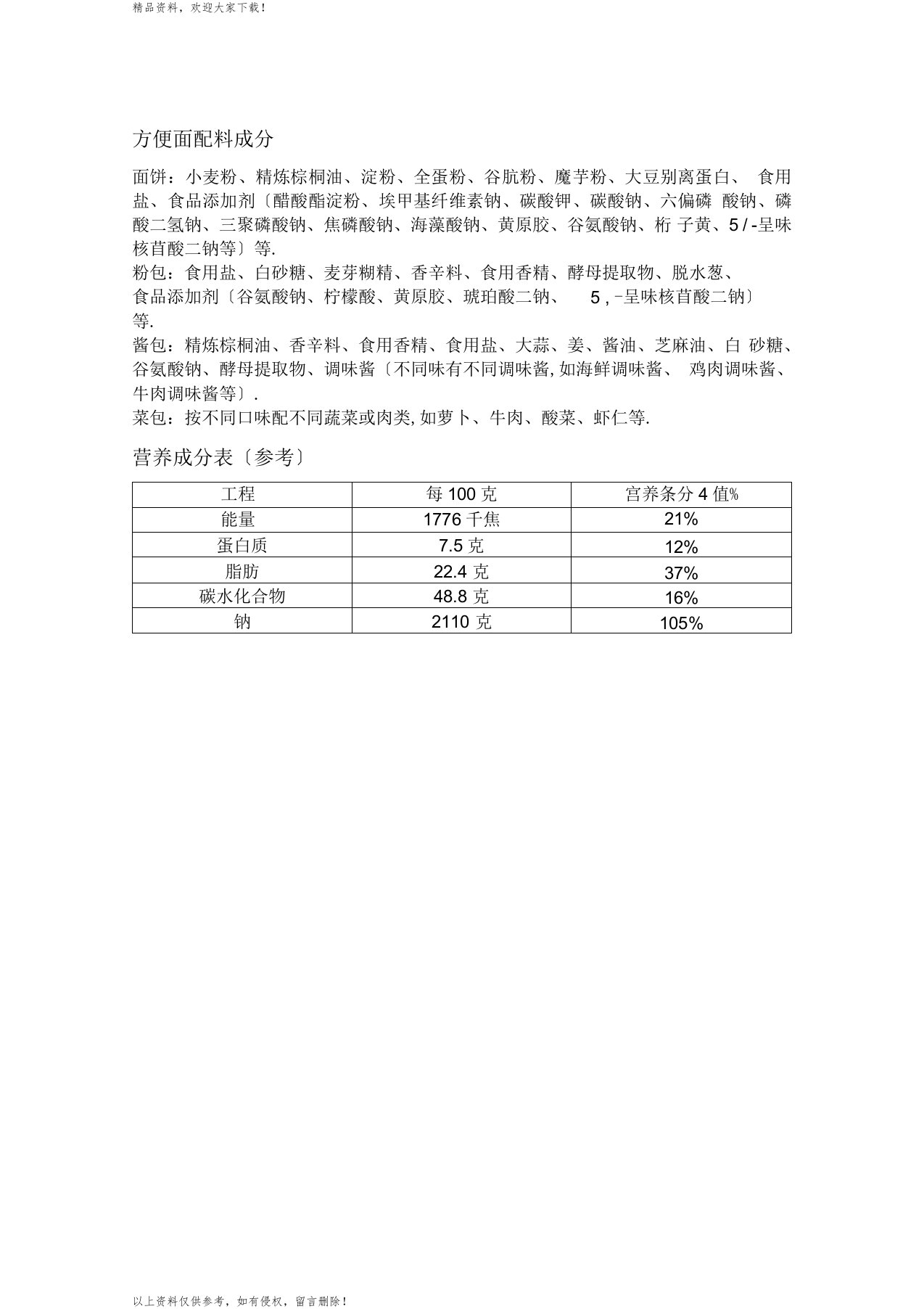 方便面配料成分