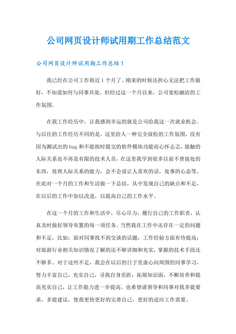 公司网页设计师试用期工作总结范文