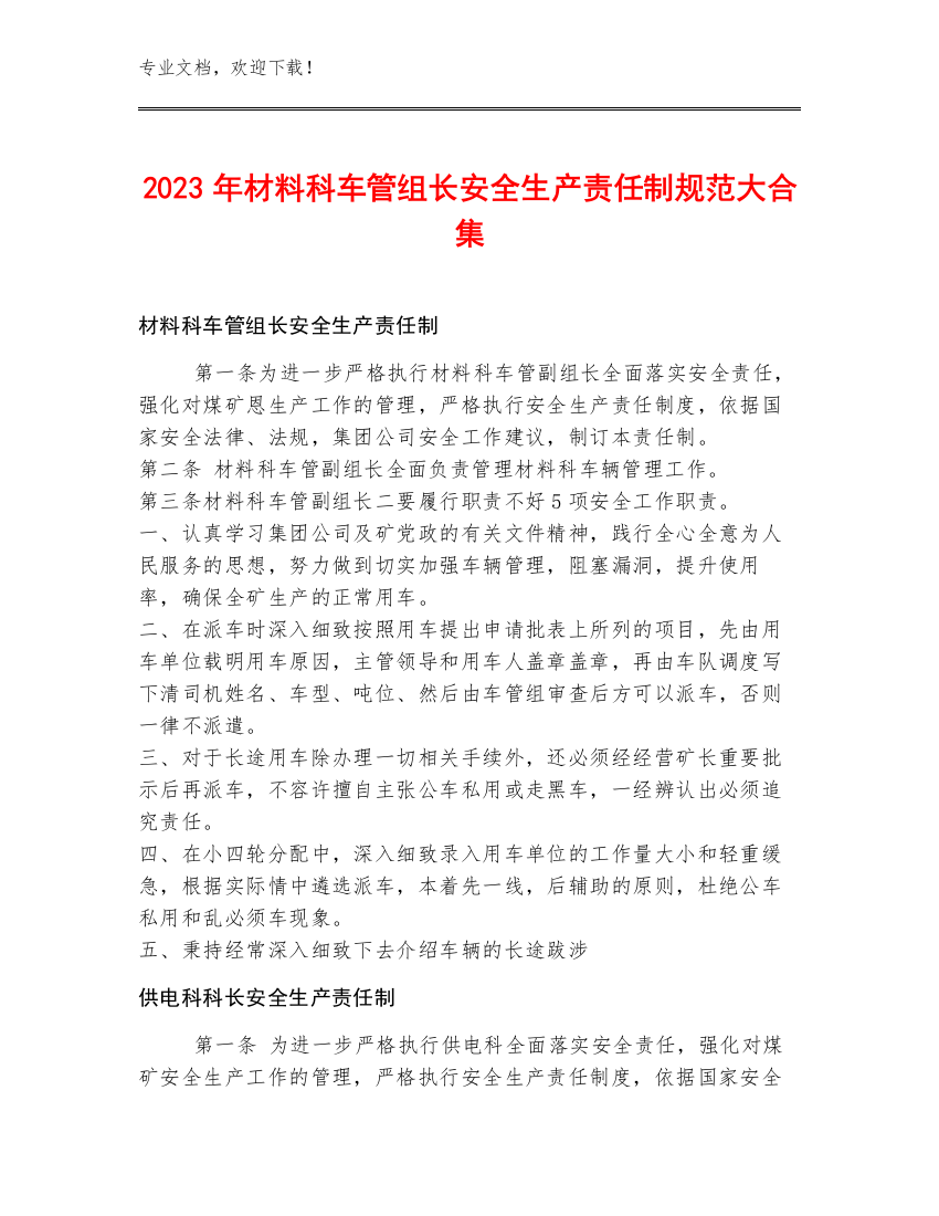 2023年材料科车管组长安全生产责任制规范大合集