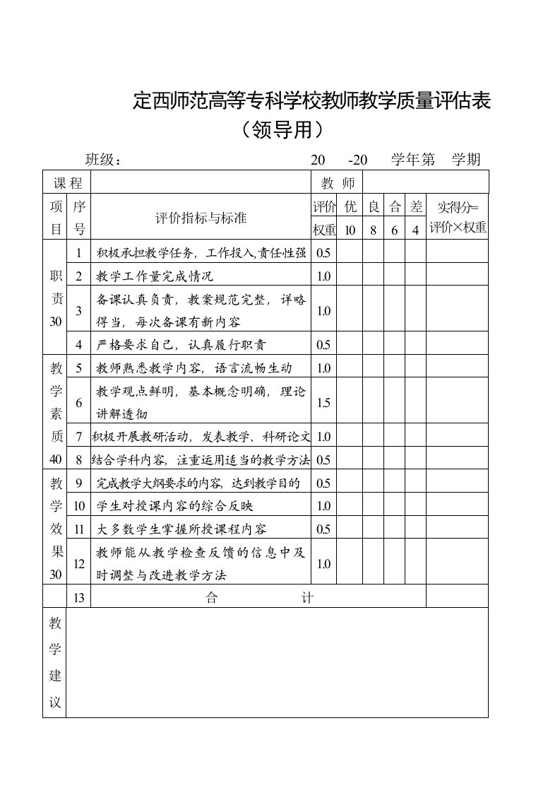 定西师范高等专科学校教师教学质量评估表