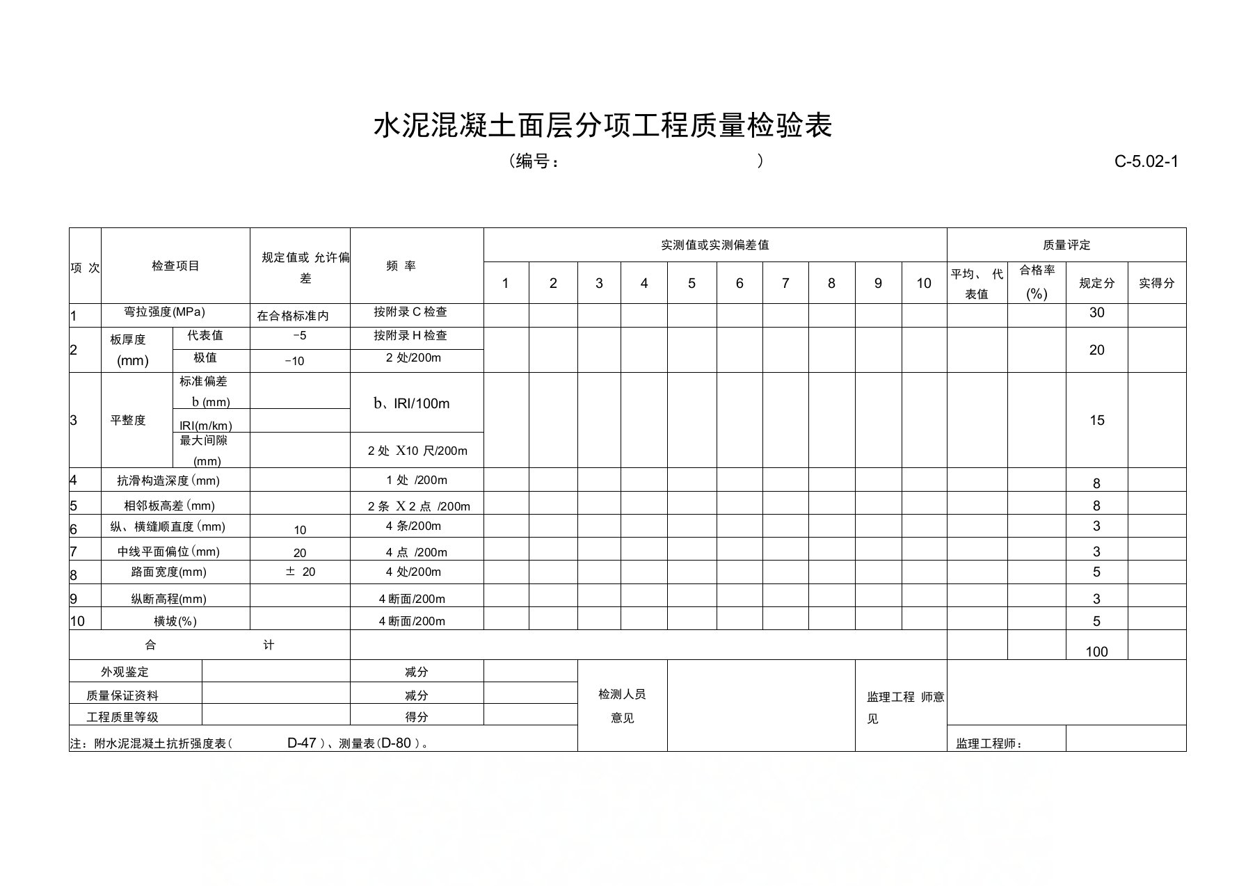 水泥混凝土面层评定表