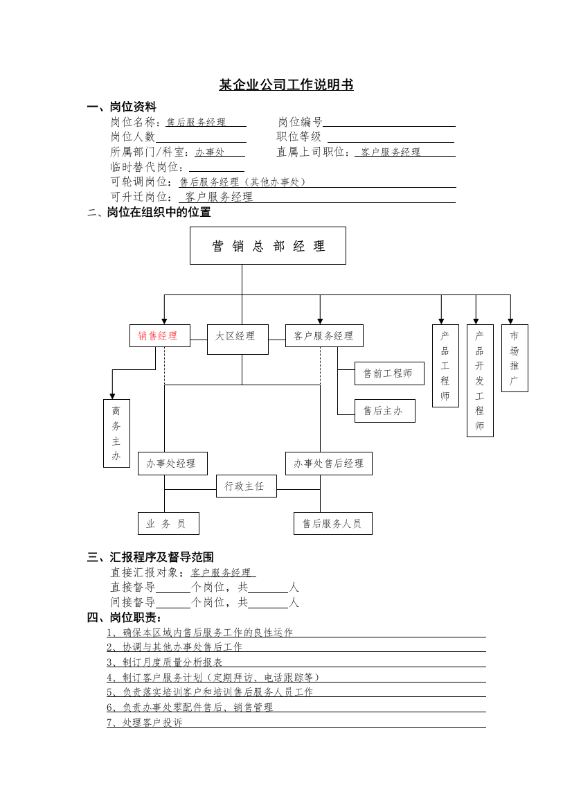 【职位描述】工作说明书-售后服务经理