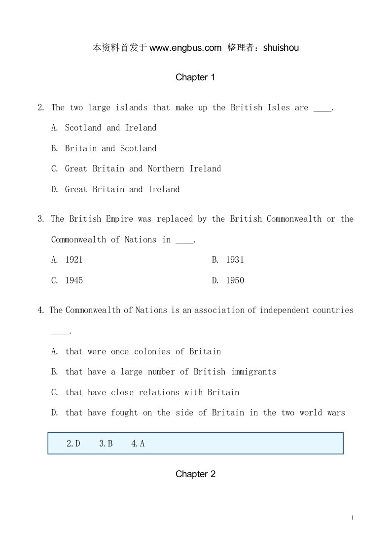 英语国家概况选择题