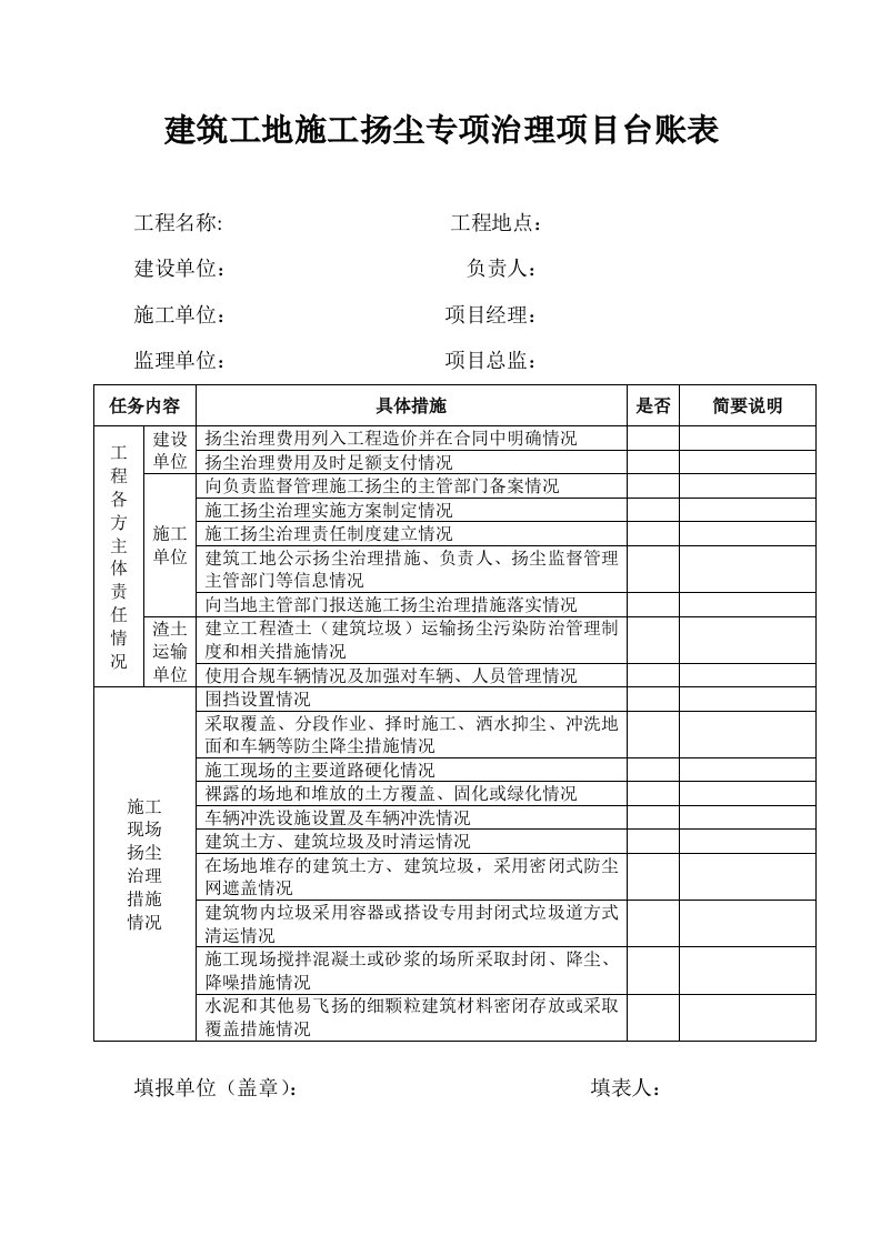 扬尘治理台账表格