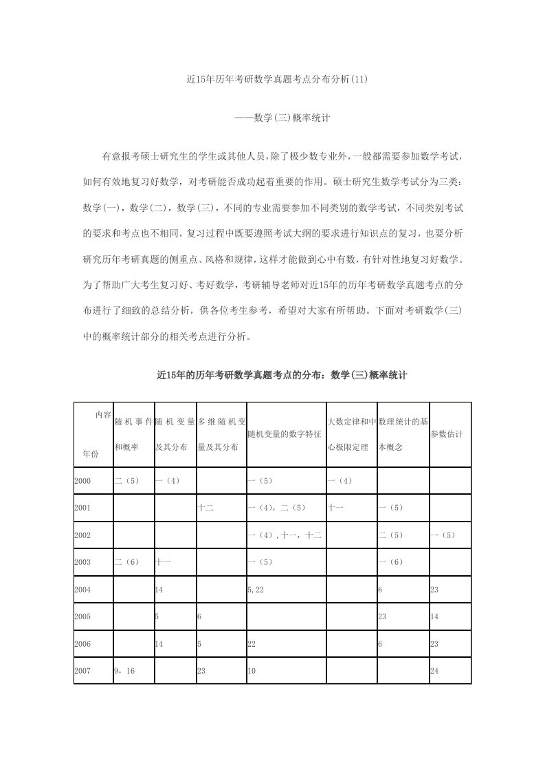 近15年考研数学概率论分析