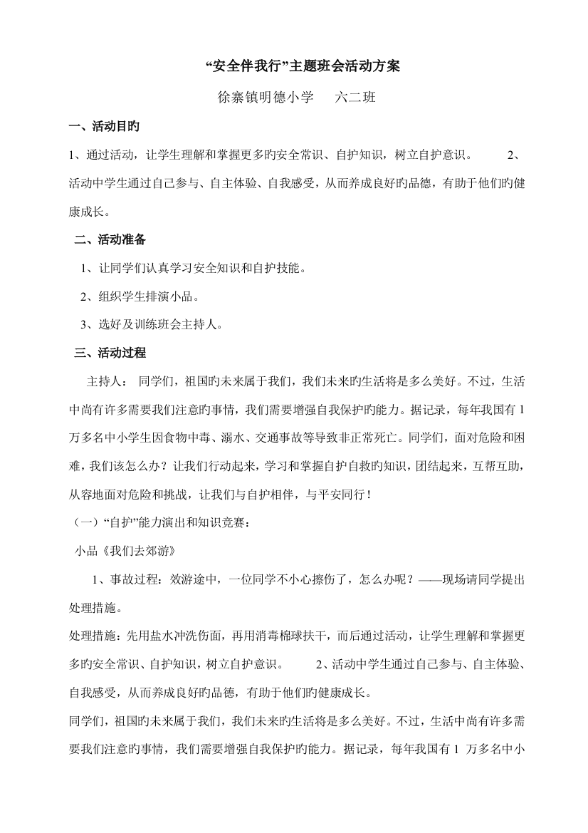 安全伴我行主题班会活动方案